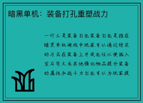 暗黑单机：装备打孔重塑战力